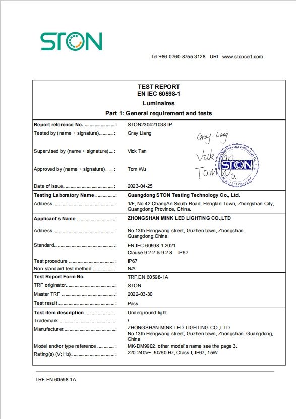IP67 Test Certificate